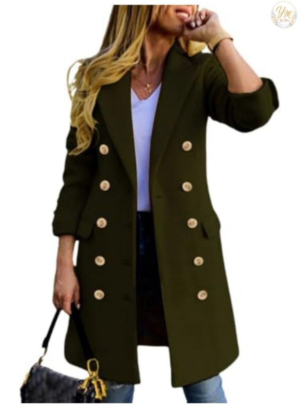 Wool Peacoat Double Breasted Mid-Length Trench Coat with Notch Lapel Long Sleeve